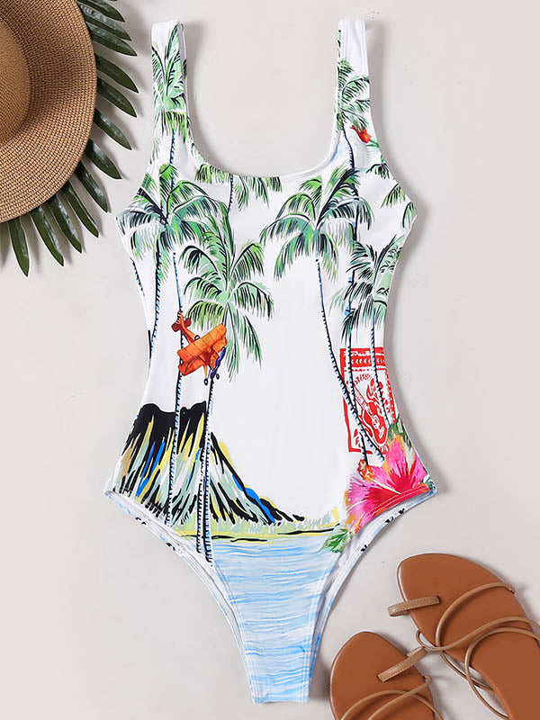 Sleeveless U Neck Floral Print Tights One-Piece Swimwear