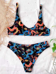 Sexy Chinese Style Printing Split Bikini Swimsuit