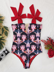 Abstract Print Sexy Bandeau Bow-Knot One-Piece Swimwear