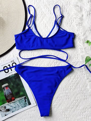 Solid Color Bandage Spaghetti-Neck Bikini Swimsuit