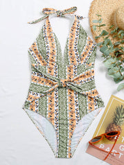 Floral-Print Halterneck Knotted One-Piece Swimwear