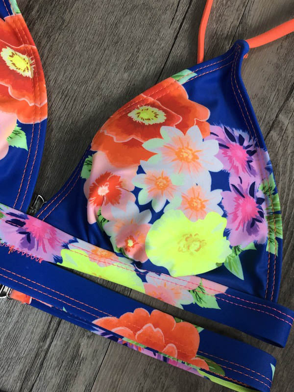 Sexy Floral Printed Triangles Bandage Bikini Swimsuit