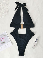 Halterneck Hollow Deep-V One-Piece Swimwear