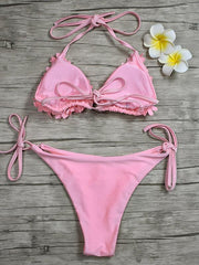 Flowers Embellished Triangles Bandage Split Bikini Swimsuit