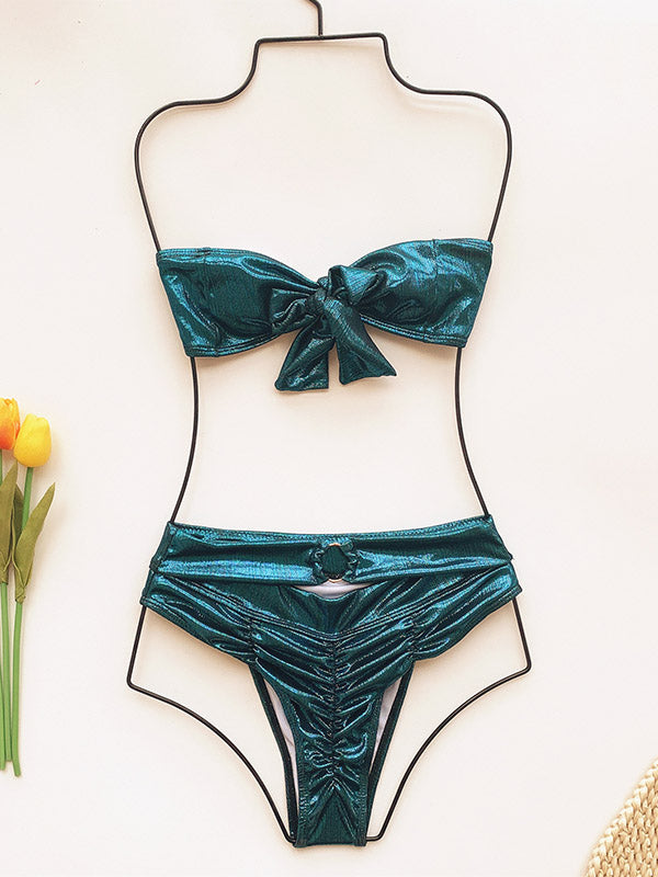 Shining Knotted Bandeau Belted Split Bikini Swimsuit