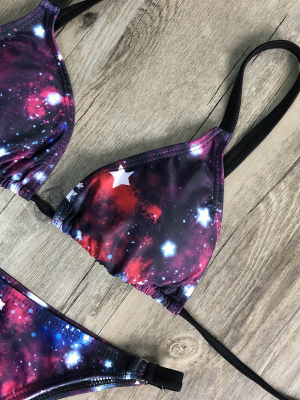 Floral Printed Triangles Bandage Split Bikini Swimsuit