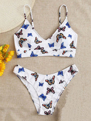 Floral-Print Spaghetti-Neck V-Neck Split Bikini Swimsuit