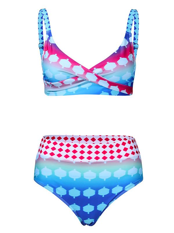 Vintage Print Polka-Dot Crossed Split Bikini Swimsuit