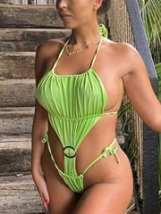 Monokini Solid Color Halterneck Backless One-Piece Swimwear