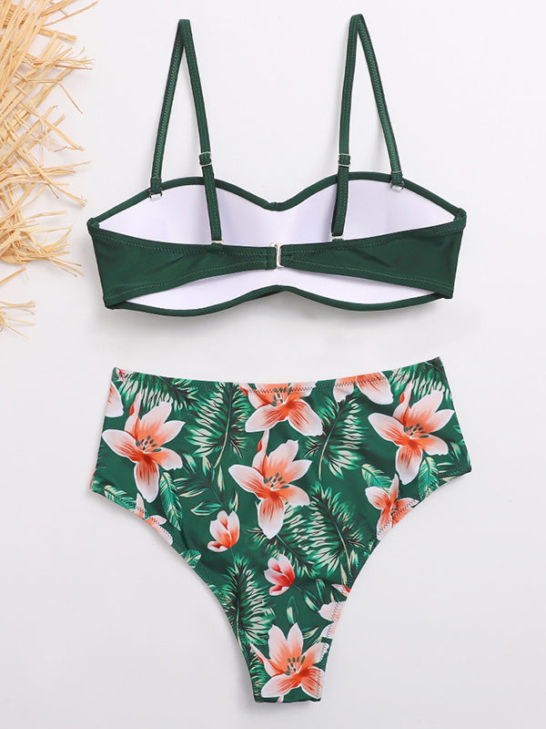 Floral-Print Color-Block Bandeau Split Bikini Swimsuit