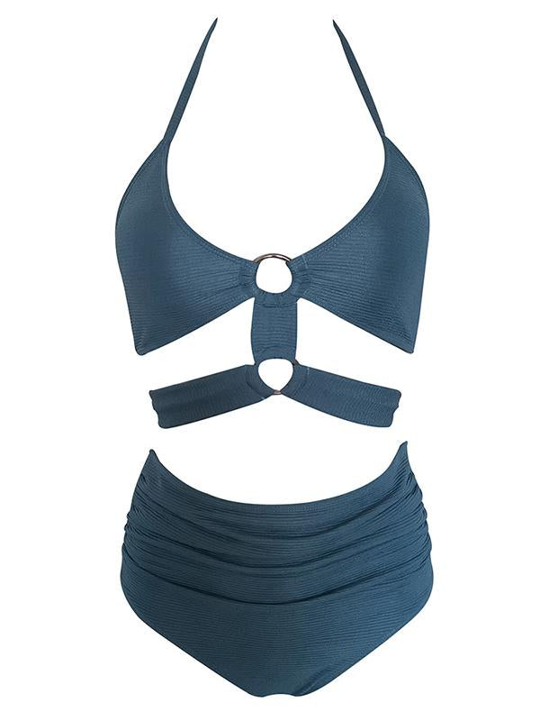 Solid Color Hollow Halterneck One-Piece Swimwear