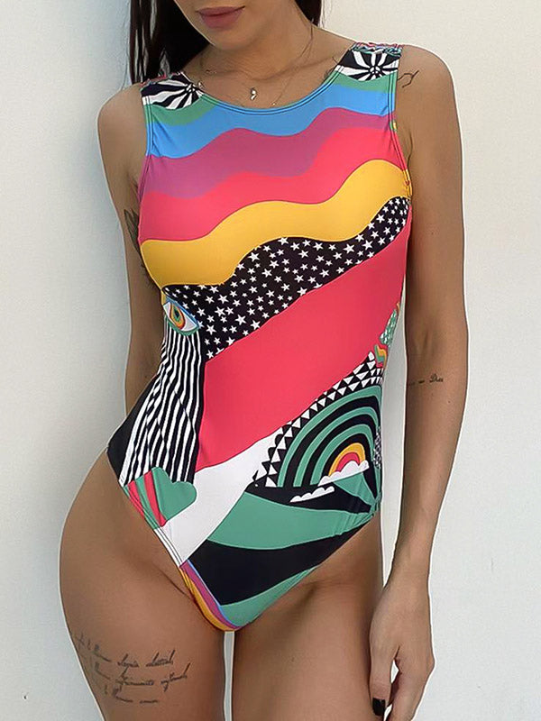 Sleeveless Abstract Print Padded One-Piece Swimwear