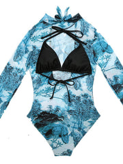 Long Sleeve Mesh Floral-Print Backless One-Piece Swimwear