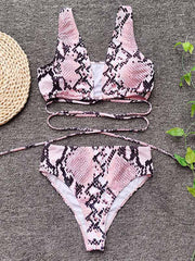 Snake-Print Bandage Split Bikini Swimsuit