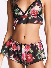 Chiffon Floral-Print  Pajamas Bodysuit Lingerie