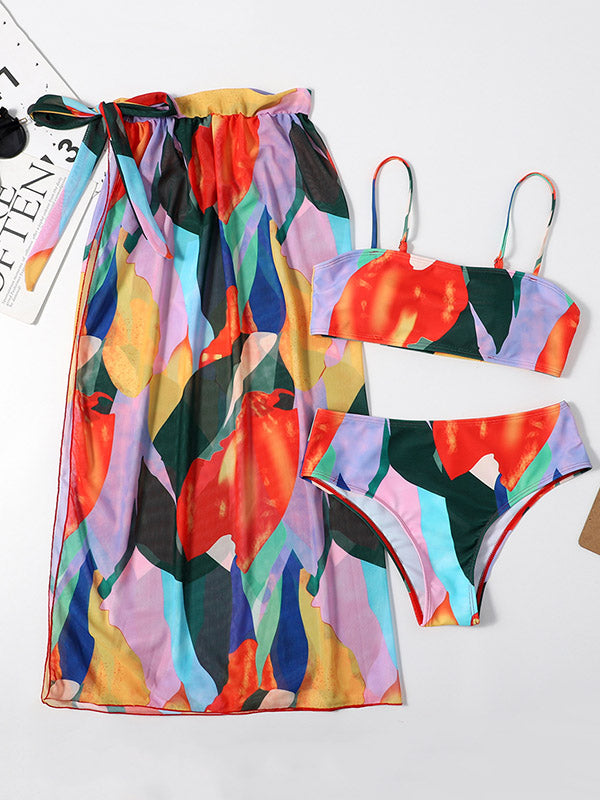 Contrast Color Bandeau High-Waisted Beach Skirt Three-Pieces Bikini Swimwear