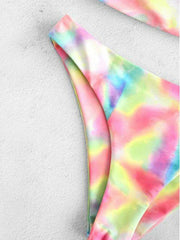 Gradient Printed Spaghetti-Neck Bandage Split Bikini Swimsuit