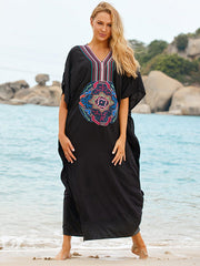 Embroidered V-Neck Split-Side Short Sleeve Loose Cover-Up Swimwear