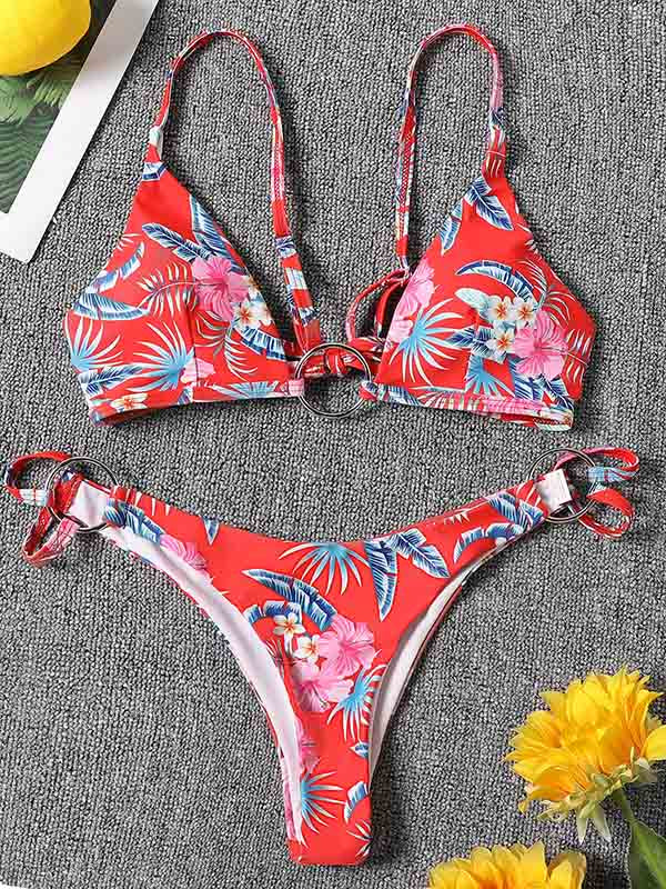 Three-Piece Floral Print Bandage Tie Side Bikini Swimwear