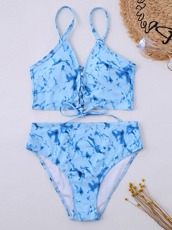 Tie-Dyed Printed Bandage Split Bikini Swimsuit