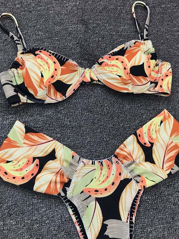 Sexy Fringed  Printing Split Type Bikini Swimsuit