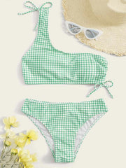 Bikini-Badeanzug mit One-Shoulder-Bandage-Schlitz und Karomuster 