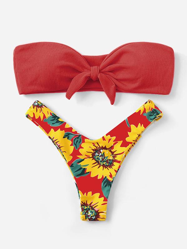 Color-Block Floral-Print Knotted Bandeau Split Bikini Swimsuit