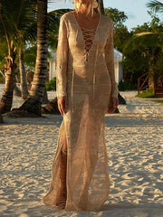 Sexy Knitted See-Through Long-Sleeved Cover-Ups Maxi Dress