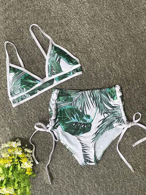 Triangle Halterneck Leaves String-Bottom Bikini Swimwear