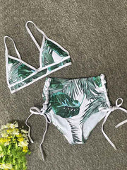 Triangle Halterneck Leaves String-Bottom Bikini Swimwear