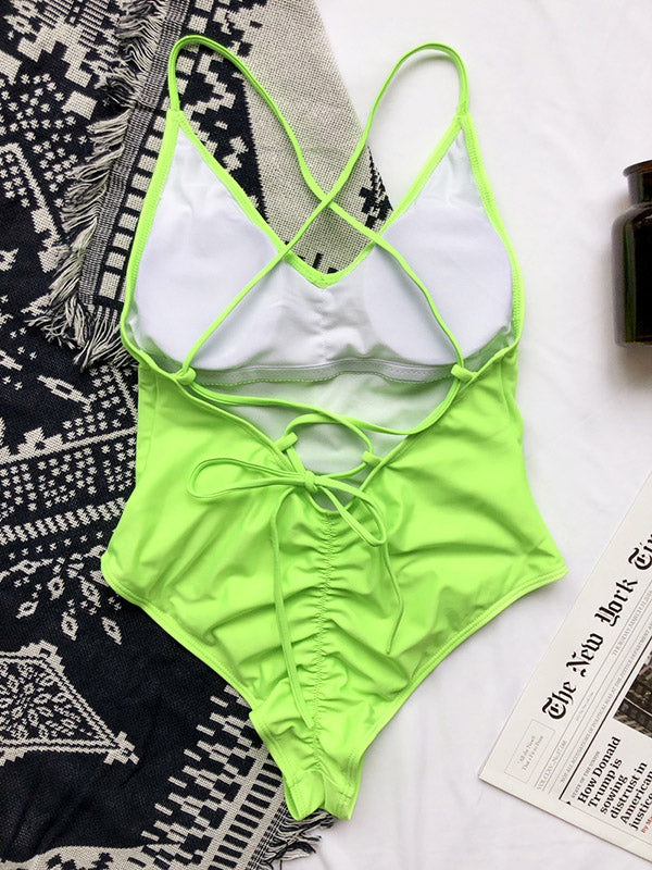 Solid Color V-Neck Backless Bandage Split Bikini Swimsuit