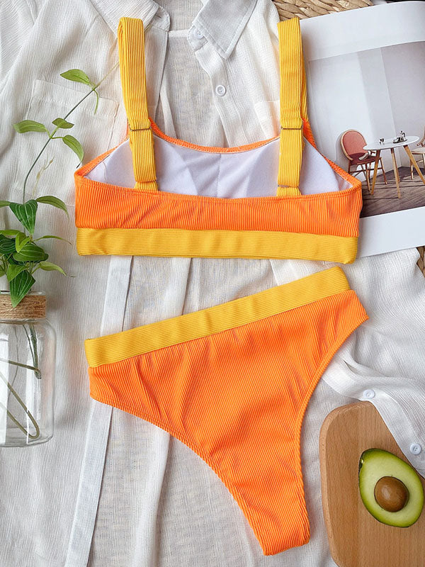 Color-Block Split-Joint U-Neck Split Bikini Swimsuit