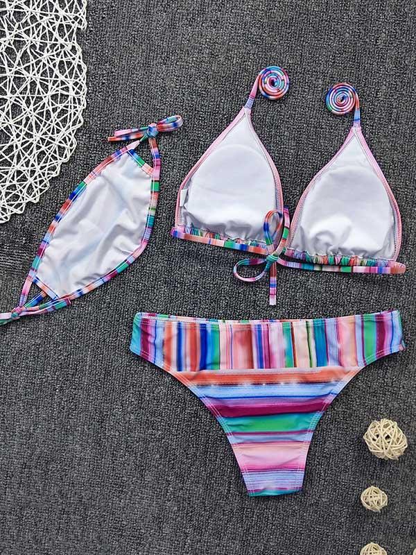 Rainbow Stripes Split-Joint Triangles Split Bikini Swimsuit+Mask