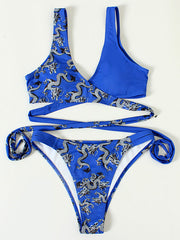 Chinese Style Printing  Asymmetric Split-Joint Bandage Split Bikini Swimsuit