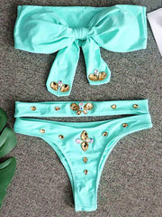 Solid Color Hot Drill Knotted Split Bikini Swimsuit