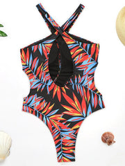 Floral-Print Bandage Hollow One-Piece Swimwear