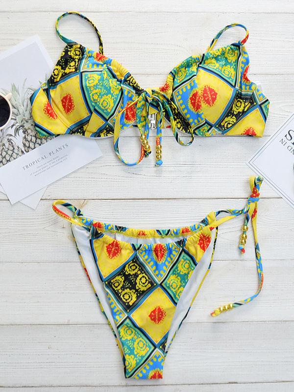 Vintage Print Knotted Underwired Split Bikini Swimsuit