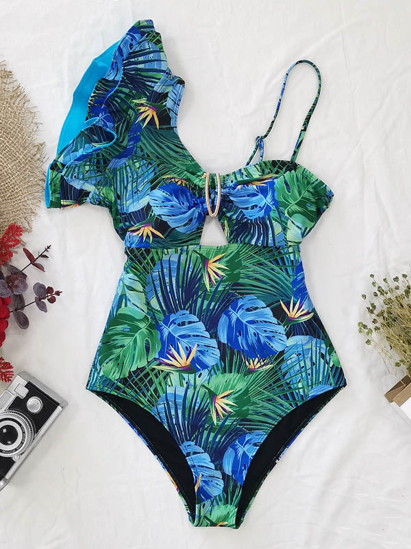 Floral One-Shoulder Falbala Hollow Tight One-Piece Swimwear