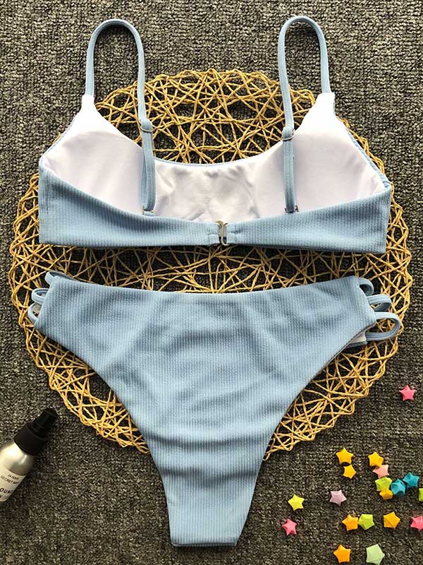 Solid Color Hollow Spaghetti-Neck Split Bikini Swimsuit