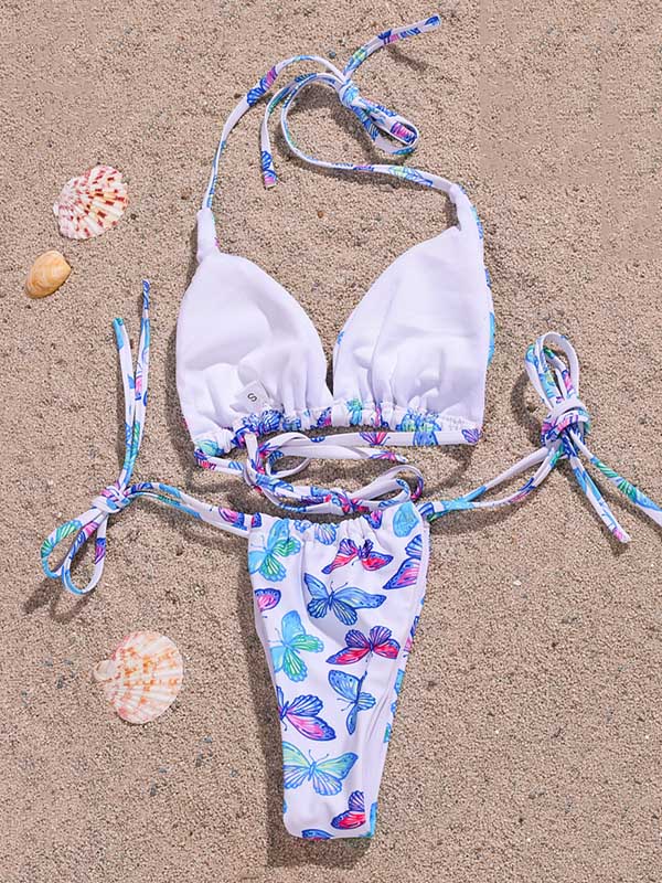 Floral-Print Gathered Bandage Triangles Split Bikini Swimsuit