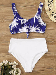 Floral-Print Color-Block U-Neck Split Bikini Swimsuit