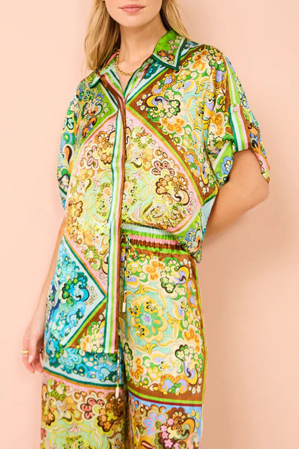 Effortlessly Stylish Satin Paisley Color Block Print Button Down Oversized Blouse