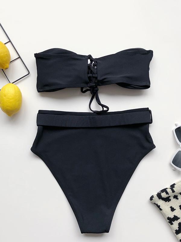 Solid Color Knotted Belted Bandeau Split Bikini Swimsuit