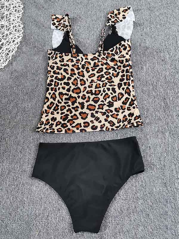 Leopard Falbala Tankini Wetsuit Swimwear