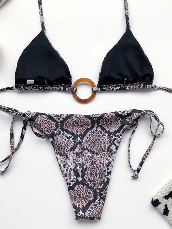 Snake-Print Embellished Bandage Split Bikini Swimsuit