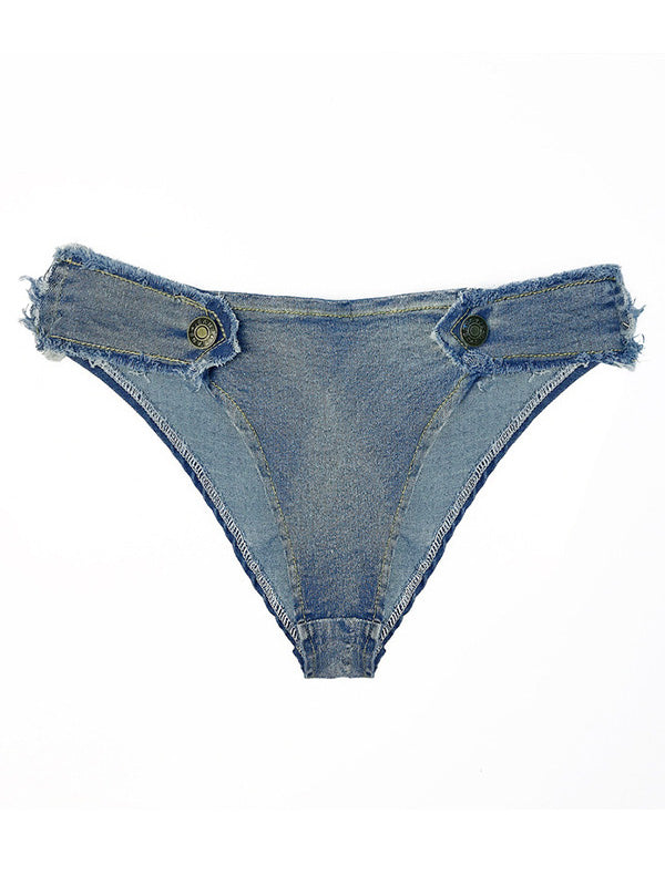 Sexy Denim Halterneck Triangles Hipster Backless Bikini Swimwear