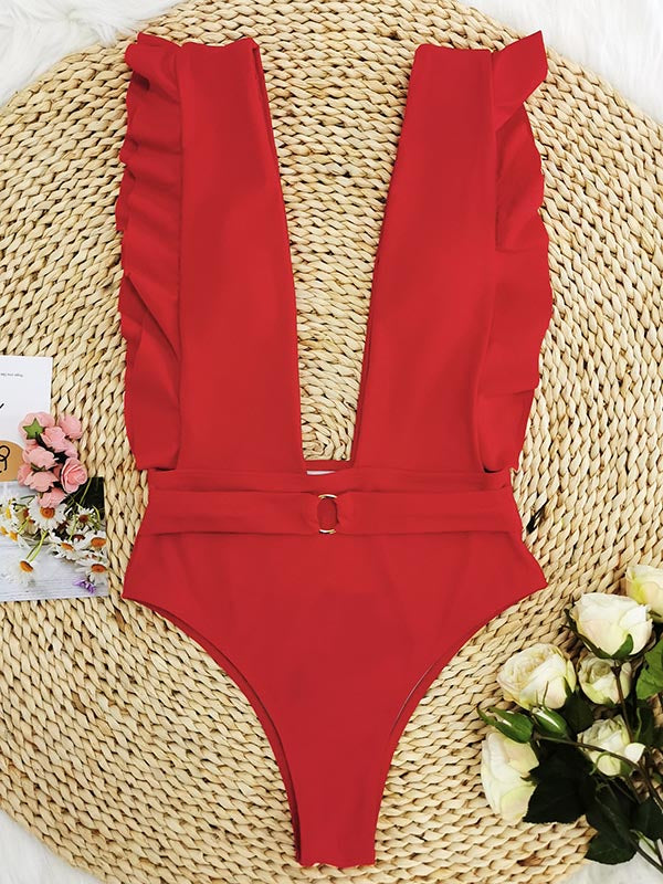 Ruffled Deep-V Neck One-Piece Swimwear