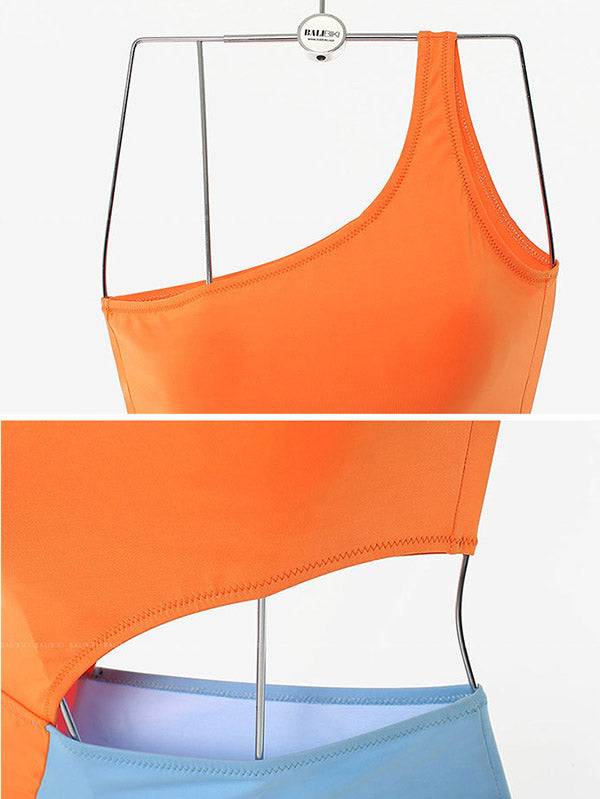 One-Shoulder Color-Block Tight Hollow Monokini Swimwear