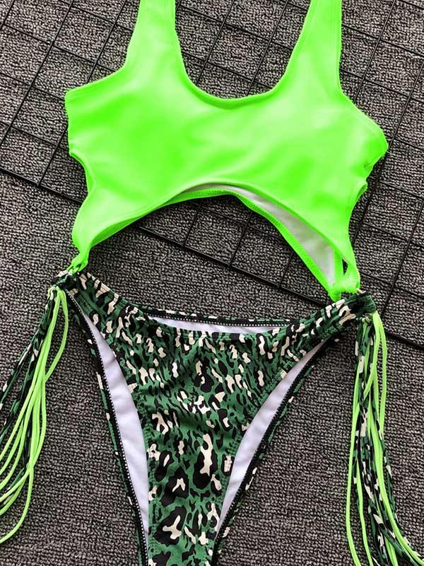 Hollow Tasseled Color-Block One-Piece Swimwear