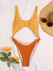 Plaid Printed Split-Joint Hollow One-Piece Swimwear